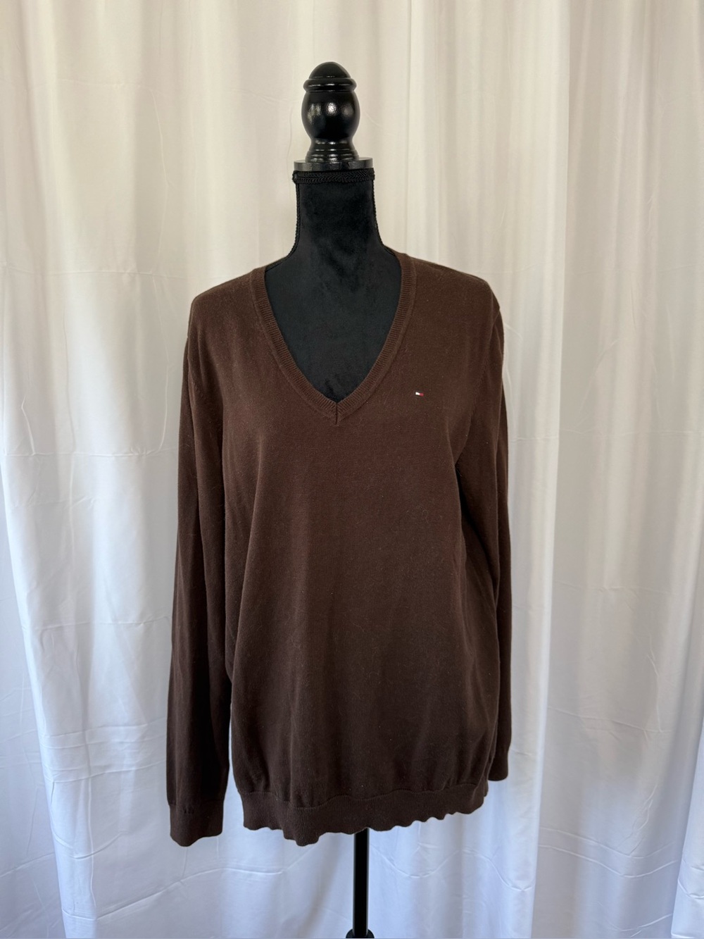 Tommy Hilfiger Women's XXL Brown Pima Cotton Blend V-Neck Sweater Preppy Classic